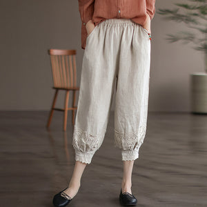 Quần baggy linen lưng thun ống túm thêm hoa lá - NU6990