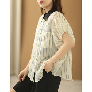 Áo sơ mi linen ngắn tay cổ pipi kẻ sọc bằng chữ - NU7391