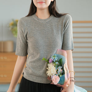 Áo T-shirt len dệp kim ngắn tay cổ tròn một màu - NU7622
