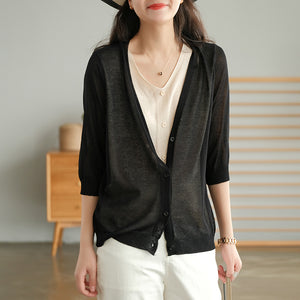 Áo khoác len cardigan dệt kim ngắn tay cổ V hai lớp - NU6589
