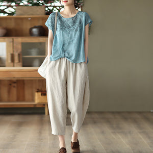 Áo T-shirt linen sát nách cổ tròn thêu hoa văn kiểu lệch tà - NU7297