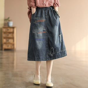 Chân váy denim lưng thun thêu hai chú mèo - V005