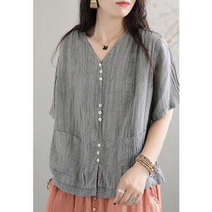 Áo sơ mi linen ngắn tay cổ V hai túi vuông vạt ngang - NU7422