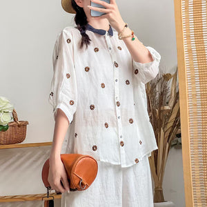 Áo sơ mi linen ngắn cổ pipi thêu hoa bốn cánh - NU7446
