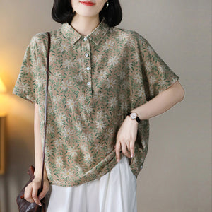 Áo sơ mi linen ngắn tay cổ đức in hoa lá bốn khuy - NU7537