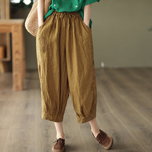 Quần baggy linen lưng thun dây rút thêu hoa hồng - NU7324