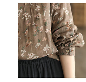 Áo sơ mi linen dài tay cổ đức xếp ly in hoa lá - NU8106