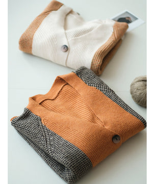 Áo khoác len cardigan dài tay cổ V ba khuy phối màu sắc - NU7783