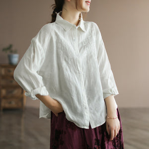 Áo sơ mi linen dài tay cổ đức thêu hoa đối xứng - NU6676