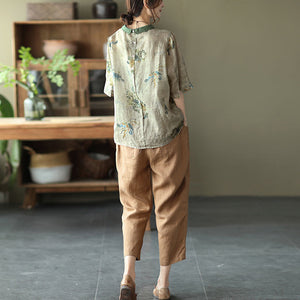 Áo sơ mi linen ngắn tay cổ pipi họa tiết hoa lá - NU6806