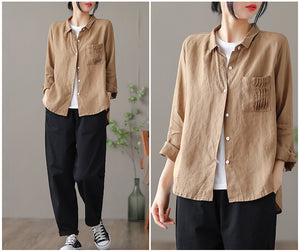 Áo sơ mi linen dài tay cổ pipi một túi xếp ly - NU6760