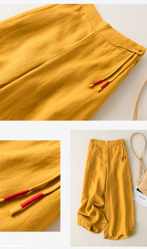 Quần baggy linen lưng thun kiểu dây rút ống rộng - NU8234