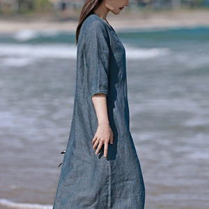 Đầm liền linen ngắn tay cổ V eo thắt dây một màu - NU8581