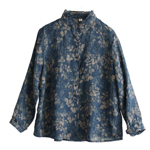 Áo sơ mi linen dài tay cổ đứng xếp ly in những chiếc lá - NU8290