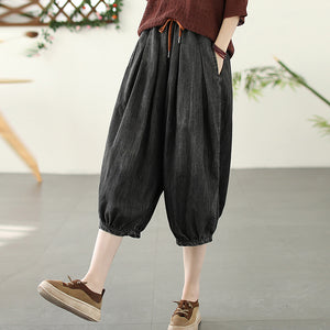 Quần baggy lửng denim lưng thun dây rút ống xếp ly - NU8600