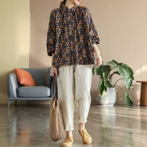 Áo sơ mi linen dài tay cổ pipi xếp ly in hoa liti  - NU6719