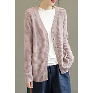 Áo khoác cardigan len đan kiểu bện thừng dài tay cổ V - NU7680