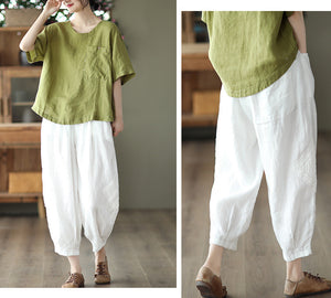 Quần baggy linen lưng thun thêu ren hai bên quần - NU7309