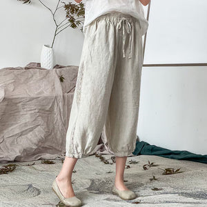 Quần baggy linen lưng thun dây rút thêu ren hai bên - NU7479