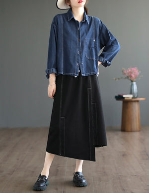 Áo khoác denim retro dài tay cổ đức một túi lớn - NU7713