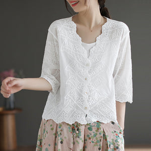 Áo khoác cardigan linen ngắn tay thêu hoa văn cổ V - NU8663
