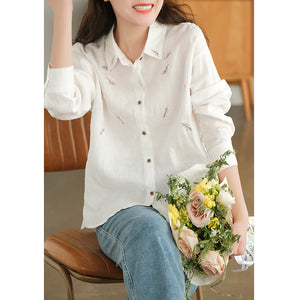 Áo sơ mi linen dài tay cổ đức thêu những chiếc lá - NU7483