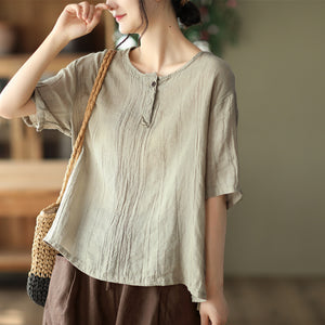 Áo T-shirt linen ngắn tay cổ tròn bốn khuy - NU7421