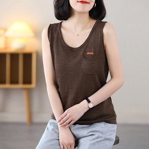 Áo T-shirt sát nách dệt kim cổ tròn một túi nhỏ - NU8662