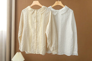 Áo sơ mi linen dài tay cổ tròn đính bèo thêu hoa lá hai chiều - NU6684