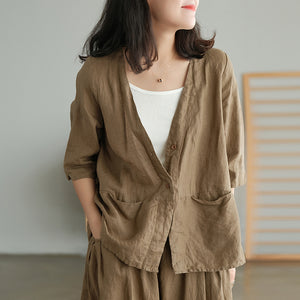 Áo sơ mi linen ngắn tay cổ V form rộng - NU5582