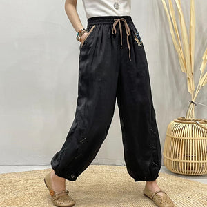 Quần baggy linen lưng thun thêu hoa hoa lá ống túm - NU8455