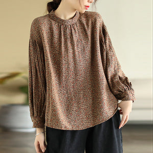 Áo sơ mi linen dài tay cổ tròn in hoa lá liti - NU8147
