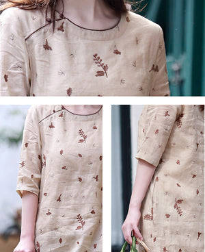 Đầm liền linen ngắn tay cổ tròn thêu hoa lá đơn sắc - NU8440
