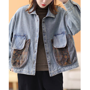 Áo khoác denim dài tay cổ đức hai túi tròn phối hoa lá - NU7893