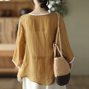 Áo sơ mi linen tay lửng cổ tròn bo viền khuy đôi - NU7408
