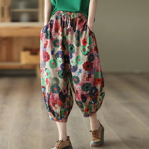 Quần baggy linen lưng thun dây rút in những bông hoa sắc màu - NU7489