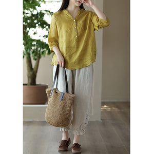 Áo sơ mi linen ngắn tay cổ V một túi vuông - NU8626
