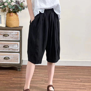 Quần baggy lửng linen lưng thun một màu hai túi chéo  - NU7076
