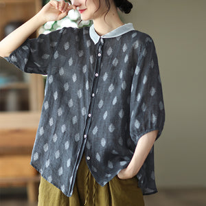 Áo sơ mi linen ngắn tay cổ pipi in hoa văn cân đối - NU6985