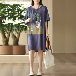 Đầm liền linen ngắn tay cổ tròn in bức tranh tĩnh vật - NU8668