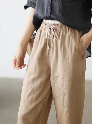 Quần baggy linen lưng thun ống đứng cạp phối màu - NU7426