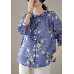 Áo sơ mi linen tay lửng cổ tròn cột dây in hoa lá - NU8533