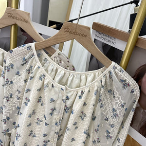 Áo sơ mi linen dài tay cổ tròn in hoa lá thêu ren hai lớp - NU8615