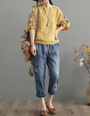 Quần baggy denim thêu hoa bồ công anh - NU3794 - kamaka.vn - thời trang nhật