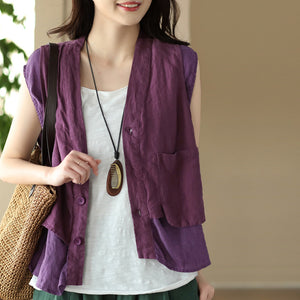 Áo sơ mi linen sát nách cổ V kiểu hai lớp túi vuông - NU8503