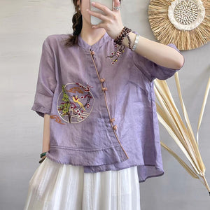Áo sơ mi linen ngắn tay cổ tàu khuy tròn thêu chim phượng hoàng - NU7172