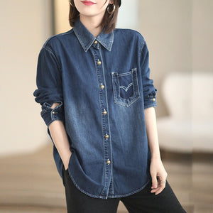 Áo sơ mi denim dài tay cổ đức form dài túi tam giác kiểu - NU8300