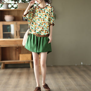 Áo T-shirt linen ngắn tay cổ tròn in hoa lá bo viền - A763