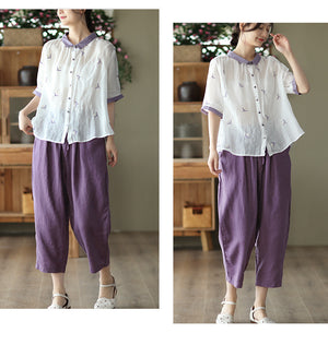 Áo sơ mi linen ngắn tay cổ pipi lệch màu thêu bông hoa cô đơn - NU7399
