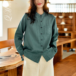 Áo sơ mi linen dài tay cổ đứng một màu túi vuông - NU6736
